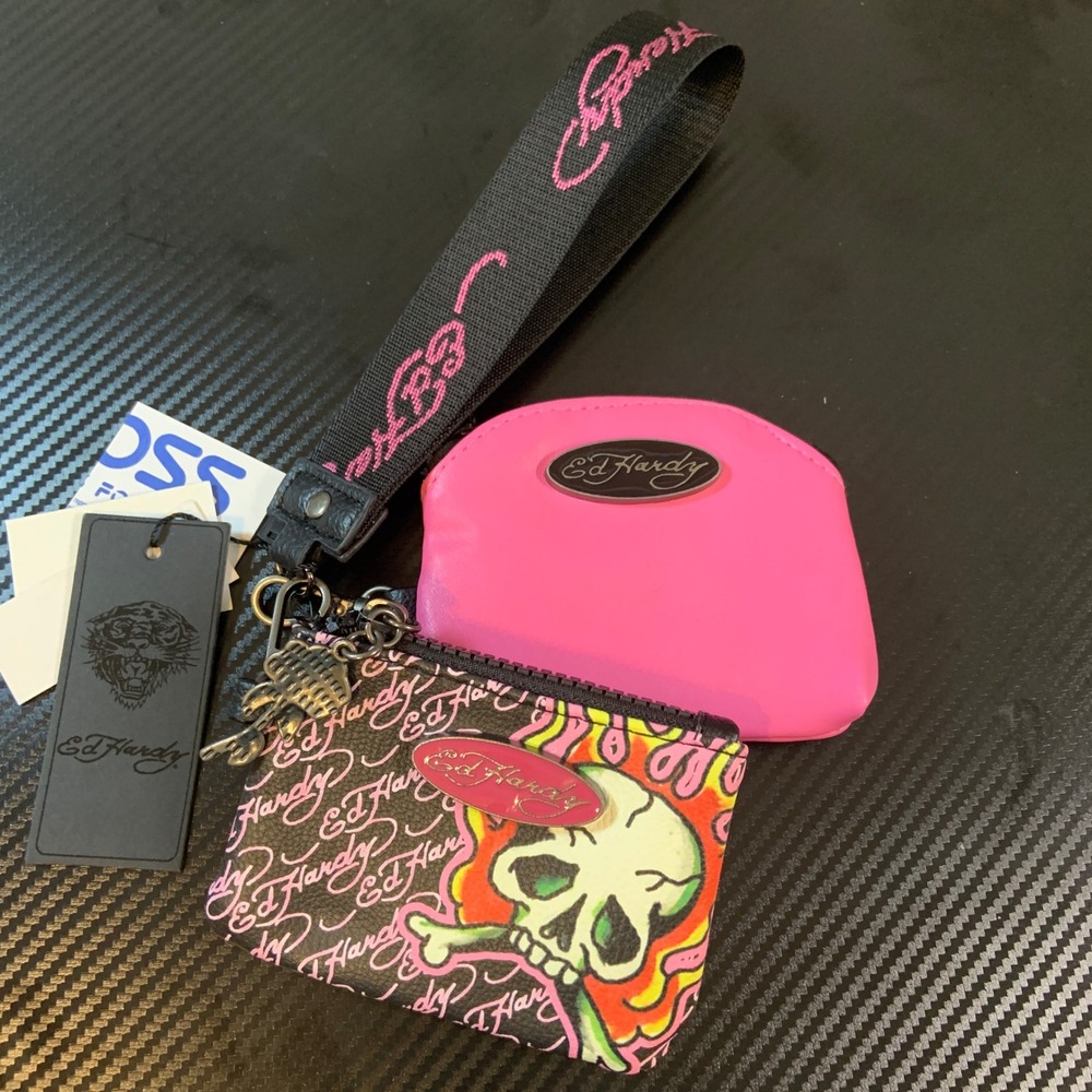 Ed Hardy Pouch Wristlet Women OS Pink NEW Skull Tiger Lanyard Set Y2K Wristlet